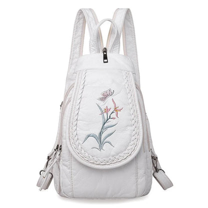 Embroidery Mini Backpacks Women's Backpack Cute Flower Pattern Wash PU Leather Ladies Backpack White Shoulder Bags for Girls SAC