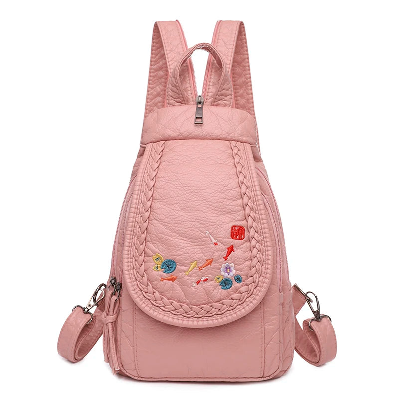 Embroidery Mini Backpacks Women's Backpack Cute Flower Pattern Wash PU Leather Ladies Backpack White Shoulder Bags for Girls SAC