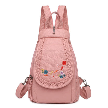 Embroidery Mini Backpacks Women's Backpack Cute Flower Pattern Wash PU Leather Ladies Backpack White Shoulder Bags for Girls SAC