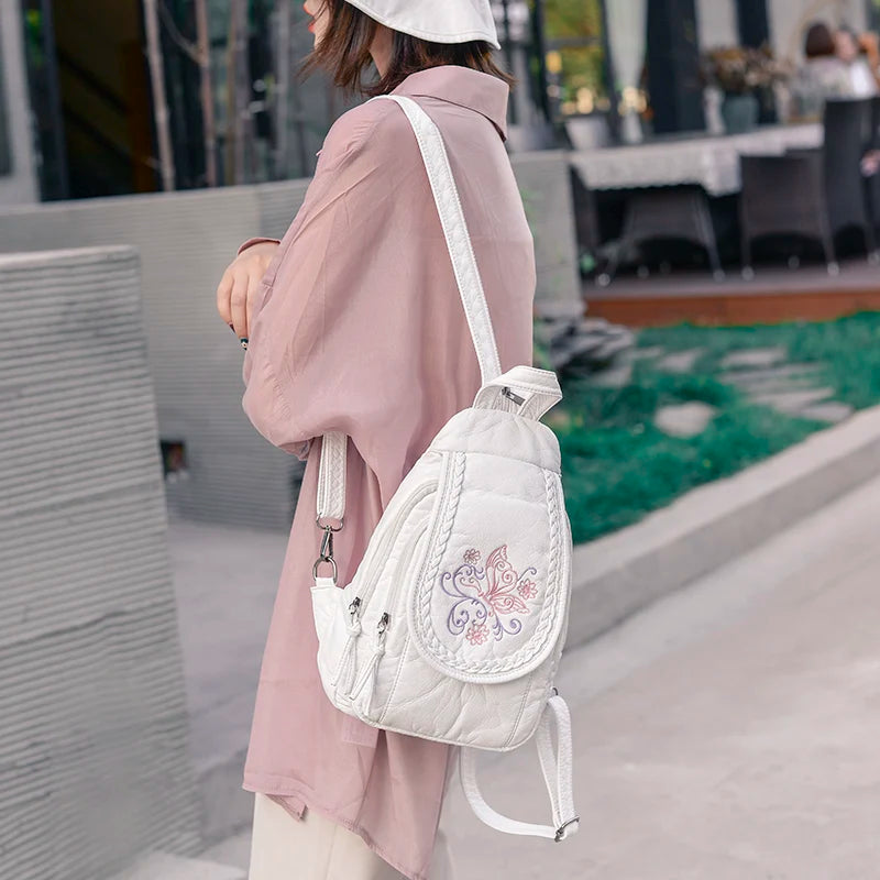 Embroidery Mini Backpacks Women's Backpack Cute Flower Pattern Wash PU Leather Ladies Backpack White Shoulder Bags for Girls SAC