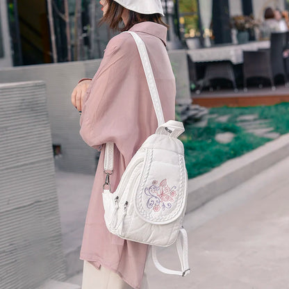 Embroidery Mini Backpacks Women's Backpack Cute Flower Pattern Wash PU Leather Ladies Backpack White Shoulder Bags for Girls SAC