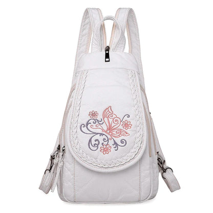 Embroidery Mini Backpacks Women's Backpack Cute Flower Pattern Wash PU Leather Ladies Backpack White Shoulder Bags for Girls SAC