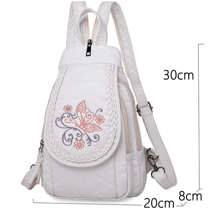 Embroidery Mini Backpacks Women's Backpack Cute Flower Pattern Wash PU Leather Ladies Backpack White Shoulder Bags for Girls SAC