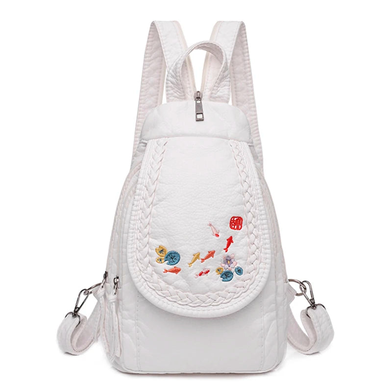 Embroidery Mini Backpacks Women's Backpack Cute Flower Pattern Wash PU Leather Ladies Backpack White Shoulder Bags for Girls SAC