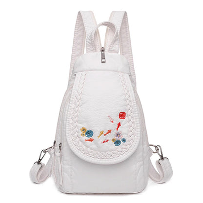 Embroidery Mini Backpacks Women's Backpack Cute Flower Pattern Wash PU Leather Ladies Backpack White Shoulder Bags for Girls SAC