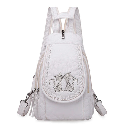 Embroidery Mini Backpacks Women's Backpack Cute Flower Pattern Wash PU Leather Ladies Backpack White Shoulder Bags for Girls SAC