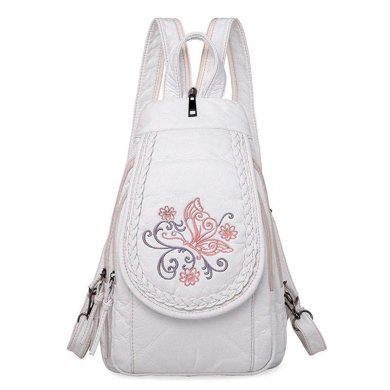 Embroidery Mini Backpacks Women's Backpack Cute Flower Pattern Wash PU Leather Ladies Backpack White Shoulder Bags for Girls SAC