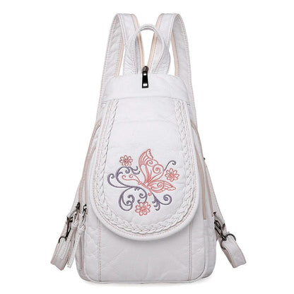 Embroidery Mini Backpacks Women's Backpack Cute Flower Pattern Wash PU Leather Ladies Backpack White Shoulder Bags for Girls SAC