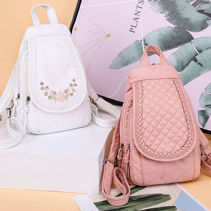 Embroidery Mini Backpacks Women's Backpack Cute Flower Pattern Wash PU Leather Ladies Backpack White Shoulder Bags for Girls SAC