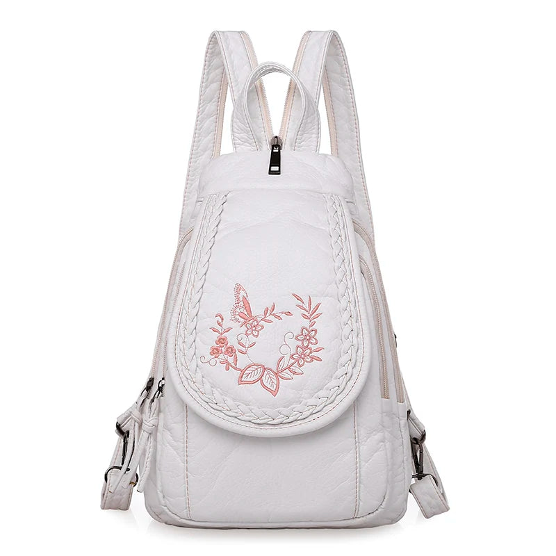 Embroidery Mini Backpacks Women's Backpack Cute Flower Pattern Wash PU Leather Ladies Backpack White Shoulder Bags for Girls SAC