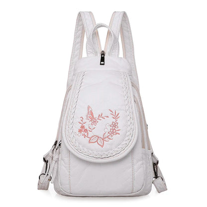 Embroidery Mini Backpacks Women's Backpack Cute Flower Pattern Wash PU Leather Ladies Backpack White Shoulder Bags for Girls SAC