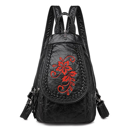 Embroidery Mini Backpacks Women's Backpack Cute Flower Pattern Wash PU Leather Ladies Backpack White Shoulder Bags for Girls SAC