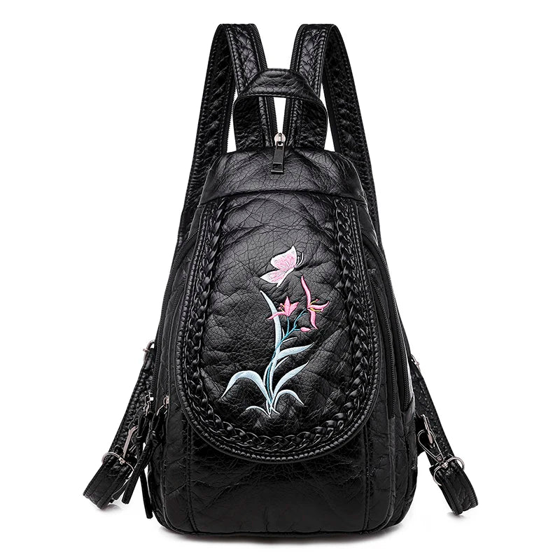 Embroidery Mini Backpacks Women's Backpack Cute Flower Pattern Wash PU Leather Ladies Backpack White Shoulder Bags for Girls SAC