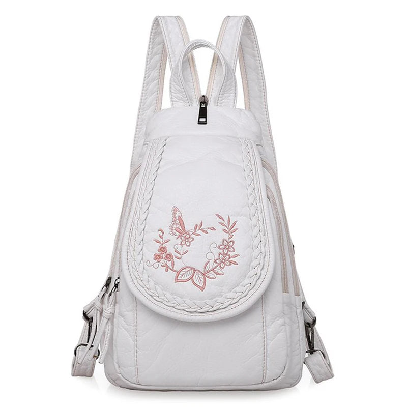 Embroidery Mini Backpacks Women's Backpack Cute Flower Pattern Wash PU Leather Ladies Backpack White Shoulder Bags for Girls SAC