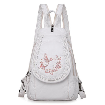 Embroidery Mini Backpacks Women's Backpack Cute Flower Pattern Wash PU Leather Ladies Backpack White Shoulder Bags for Girls SAC