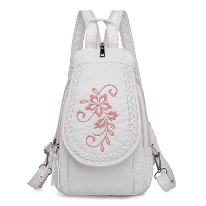 Embroidery Mini Backpacks Women's Backpack Cute Flower Pattern Wash PU Leather Ladies Backpack White Shoulder Bags for Girls SAC