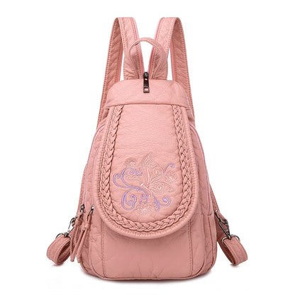 Embroidery Mini Backpacks Women's Backpack Cute Flower Pattern Wash PU Leather Ladies Backpack White Shoulder Bags for Girls SAC