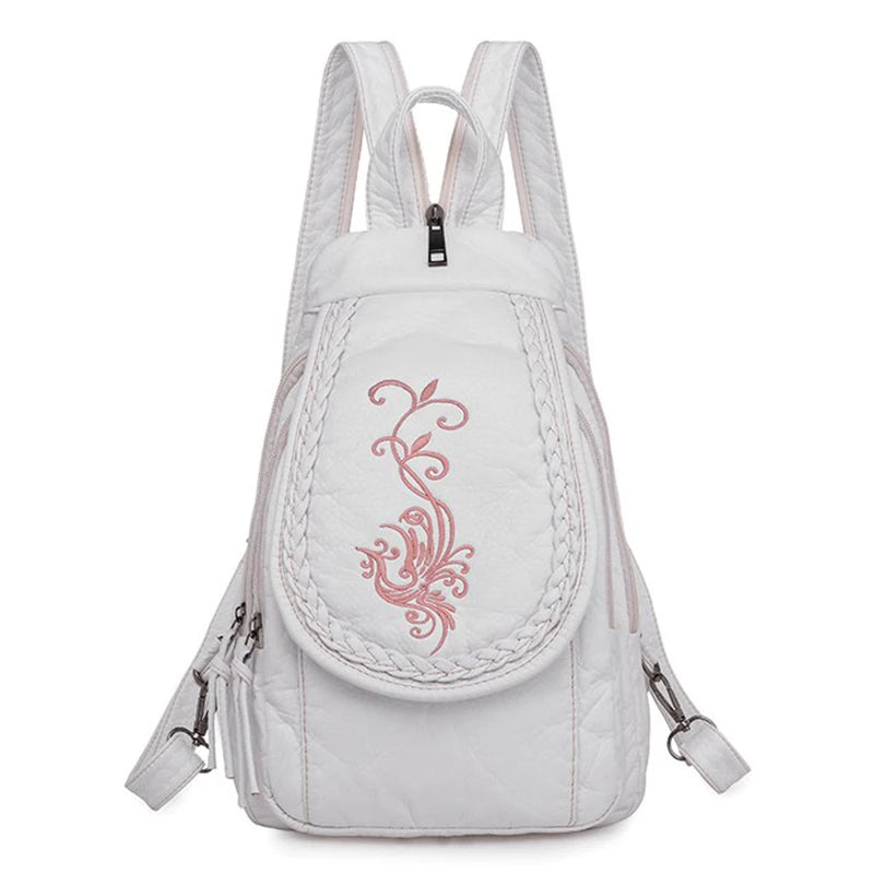Embroidery Mini Backpacks Women's Backpack Cute Flower Pattern Wash PU Leather Ladies Backpack White Shoulder Bags for Girls SAC