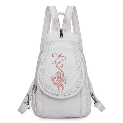 Embroidery Mini Backpacks Women's Backpack Cute Flower Pattern Wash PU Leather Ladies Backpack White Shoulder Bags for Girls SAC