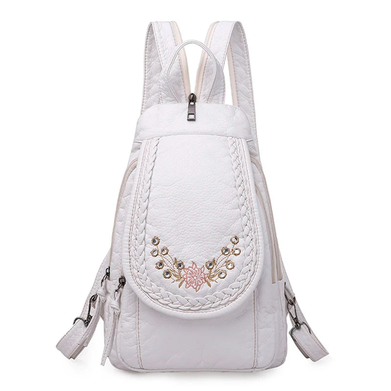 Embroidery Mini Backpacks Women's Backpack Cute Flower Pattern Wash PU Leather Ladies Backpack White Shoulder Bags for Girls SAC
