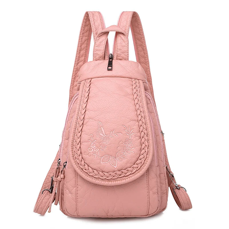 Embroidery Mini Backpacks Women's Backpack Cute Flower Pattern Wash PU Leather Ladies Backpack White Shoulder Bags for Girls SAC