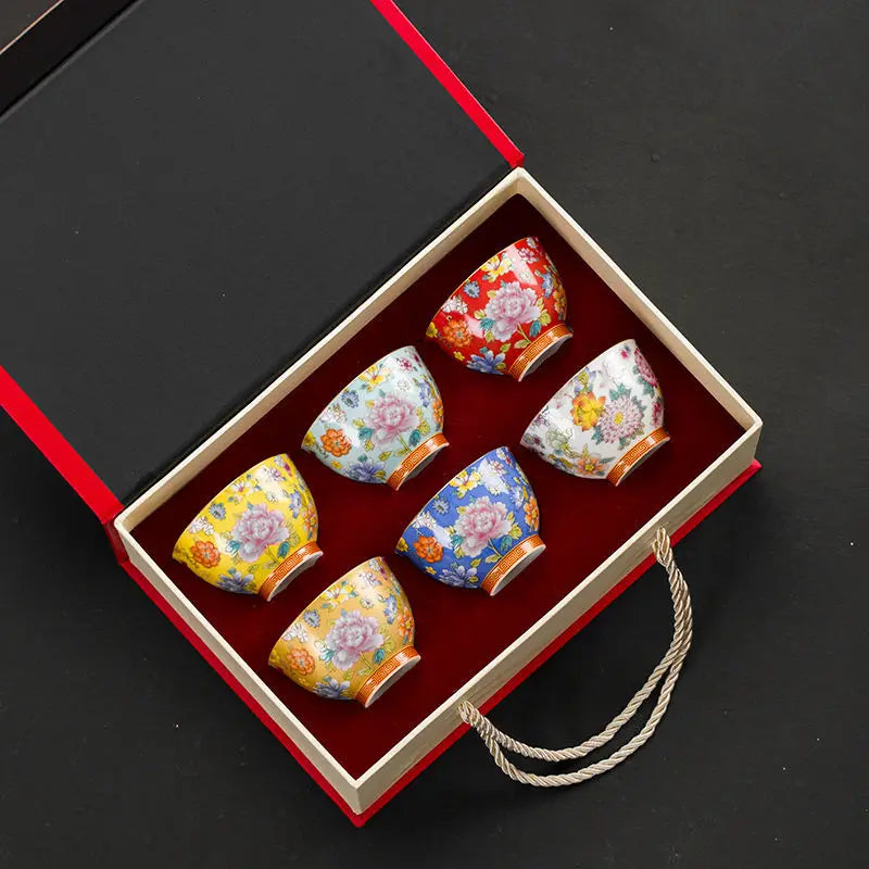 Enamel Ceramic Tea Cup Flower Master Cup Chinese Kung Fu Tea Set Colorful Tea Bowl Gift Box