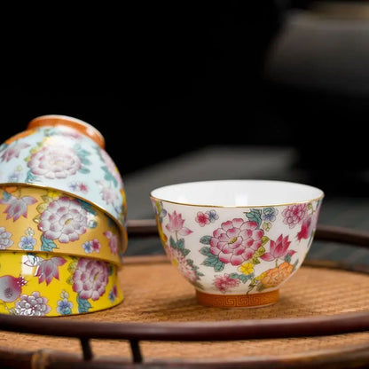 Enamel Ceramic Tea Cup Flower Master Cup Chinese Kung Fu Tea Set Colorful Tea Bowl Gift Box