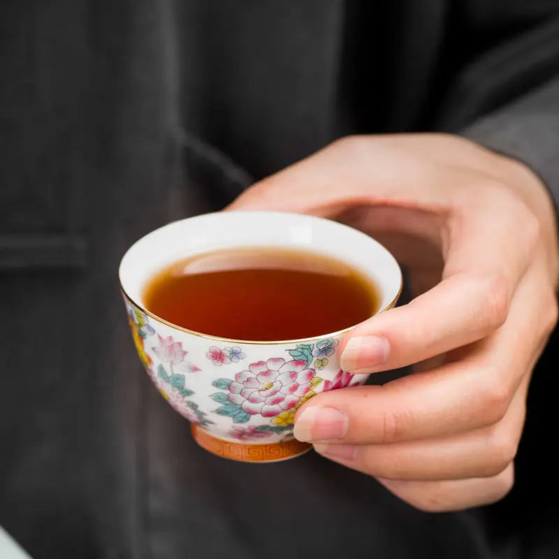 Enamel Ceramic Tea Cup Flower Master Cup Chinese Kung Fu Tea Set Colorful Tea Bowl Gift Box