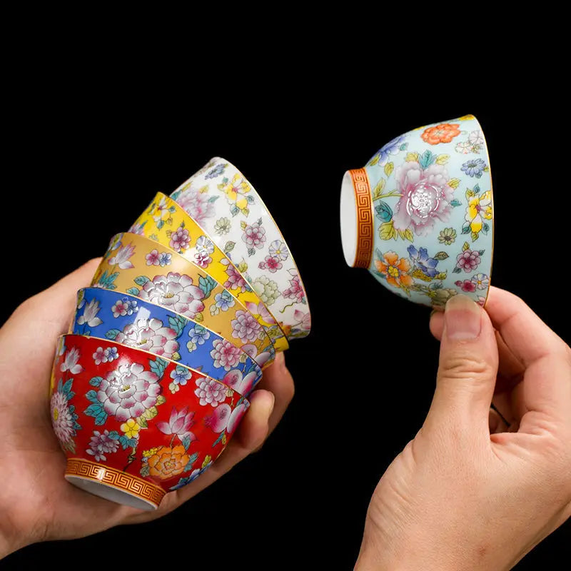 Enamel Ceramic Tea Cup Flower Master Cup Chinese Kung Fu Tea Set Colorful Tea Bowl Gift Box