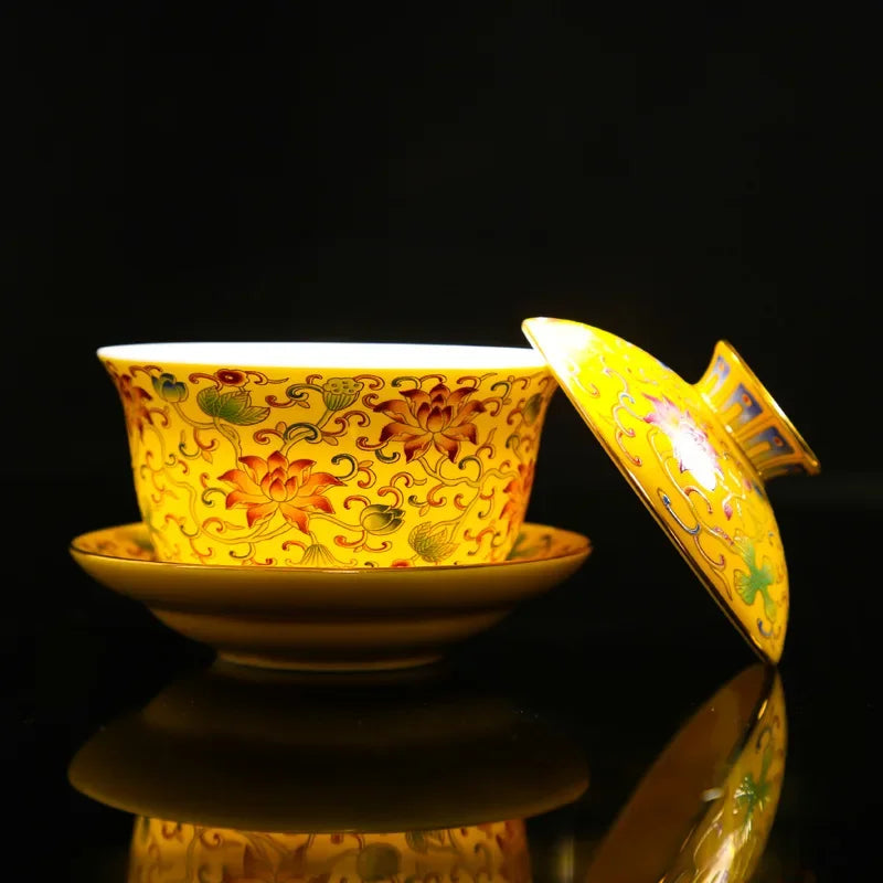 Enamel Colored Teaset Gaiwan Tea Cups Traditional Ceramic Teacup Luxury Tea Tureen Lid Bowl Saucer Kung Fu Tea Cup Best Gifts