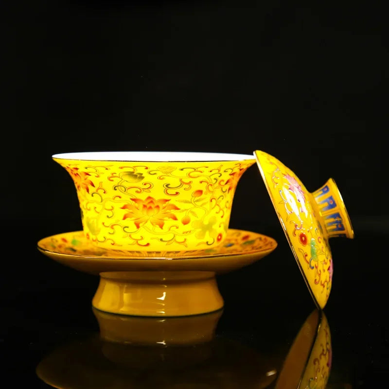 Enamel Colored Teaset Gaiwan Tea Cups Traditional Ceramic Teacup Luxury Tea Tureen Lid Bowl Saucer Kung Fu Tea Cup Best Gifts