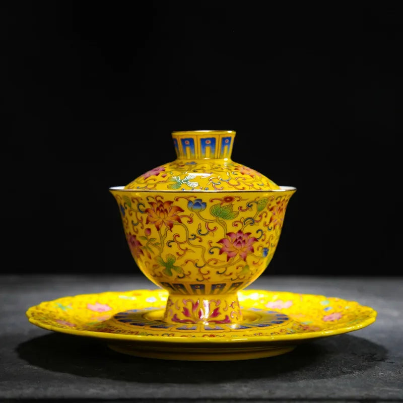 Enamel Colored Teaset Gaiwan Tea Cups Traditional Ceramic Teacup Luxury Tea Tureen Lid Bowl Saucer Kung Fu Tea Cup Best Gifts