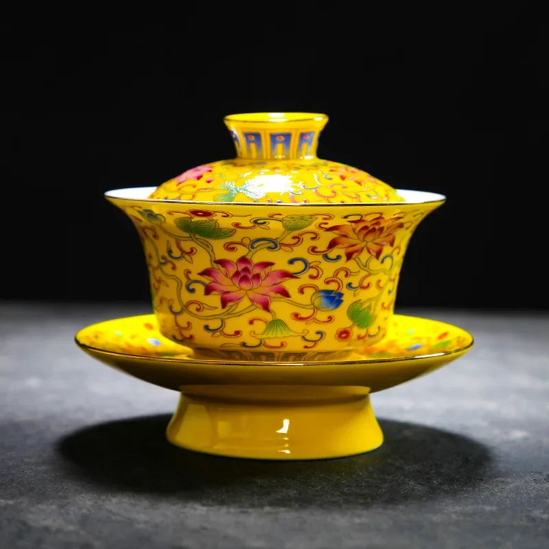 Enamel Colored Teaset Gaiwan Tea Cups Traditional Ceramic Teacup Luxury Tea Tureen Lid Bowl Saucer Kung Fu Tea Cup Best Gifts