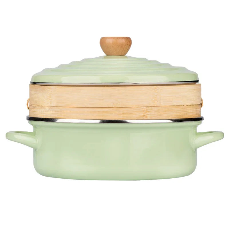 Enamel Double Ears Soup Pot Thickened Chinese Enamel Hot Pot 26cm Induction Cooker Gas General Bamboo Drawer Steamer Pot
