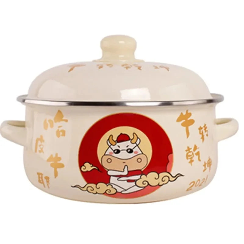 Enamel Pot Enamel Enamel Soup Pot Old-fashioned Binaural Pot with Lid Saucepan Instant Noodle Pot Induction Cooker Gas Universal