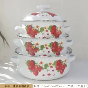 Enamel Pot Enamel Powder Rose Three-piece Enamel Soup Pot 1L2L3L Thickened Type Frying Pan 20cm Hot Pot Stew Pot Frying Pan