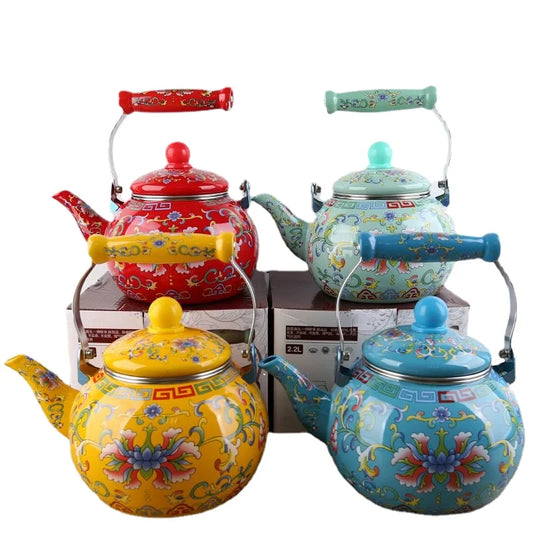 Enamel Teapot with Heat-Resistant Handle - Round Shaped Pot Suitable for Making Milk Tea, Coffee, or Herbal Tea