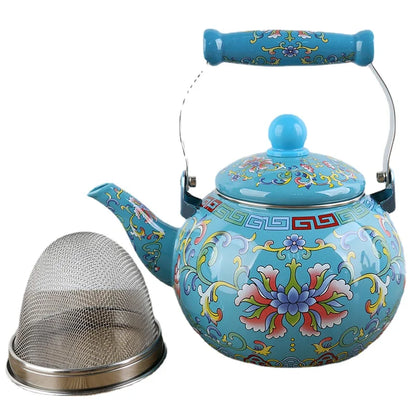 Enamel Teapot with Heat-Resistant Handle - Round Shaped Pot Suitable for Making Milk Tea, Coffee, or Herbal Tea