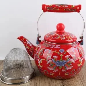 Enamel Teapot with Heat-Resistant Handle - Round Shaped Pot Suitable for Making Milk Tea, Coffee, or Herbal Tea