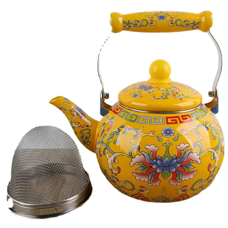 Enamel Teapot with Heat-Resistant Handle - Round Shaped Pot Suitable for Making Milk Tea, Coffee, or Herbal Tea
