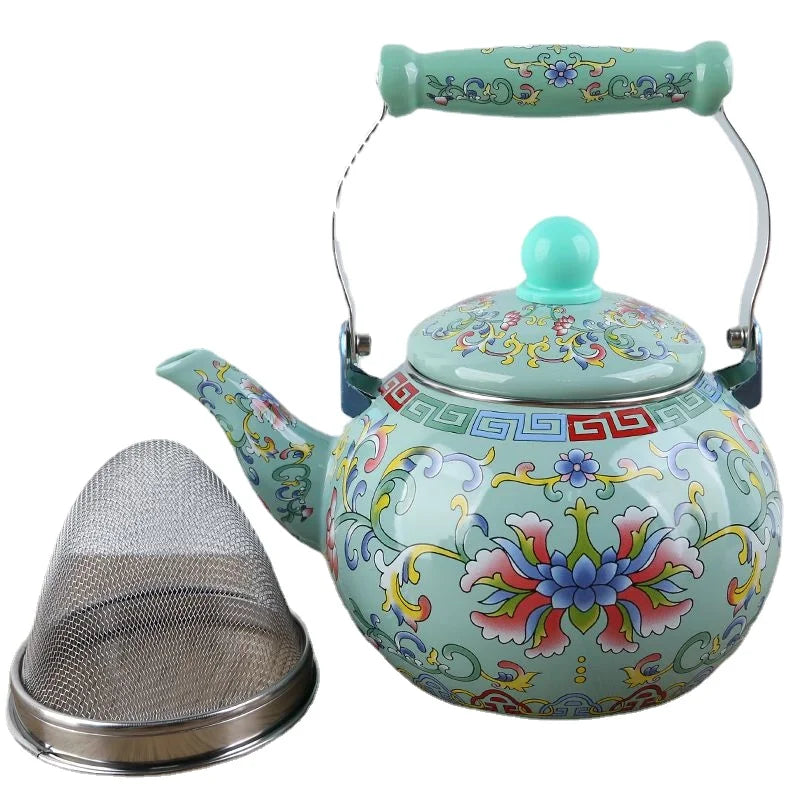 Enamel Teapot with Heat-Resistant Handle - Round Shaped Pot Suitable for Making Milk Tea, Coffee, or Herbal Tea