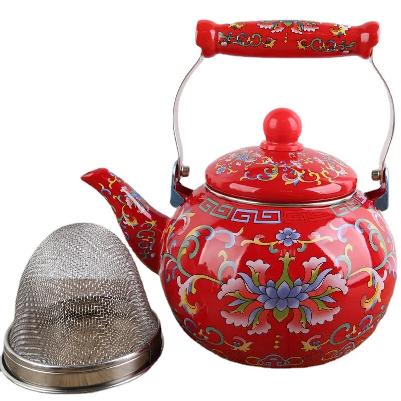 Enamel Teapot with Heat-Resistant Handle - Round Shaped Pot Suitable for Making Milk Tea, Coffee, or Herbal Tea