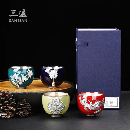 Enameled Cast Iron Official Kiln Silver Gilded Kung Fu Tea Cup Silver Plated Master Cup Handmade Porcelain Tea Tasting Cup Sil