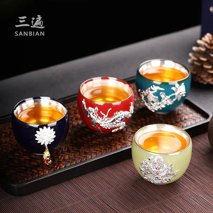 Enameled Cast Iron Official Kiln Silver Gilded Kung Fu Tea Cup Silver Plated Master Cup Handmade Porcelain Tea Tasting Cup Sil