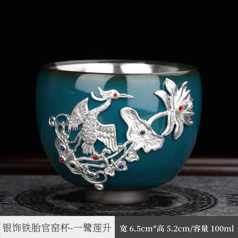 Enameled Cast Iron Official Kiln Silver Gilded Kung Fu Tea Cup Silver Plated Master Cup Handmade Porcelain Tea Tasting Cup Sil