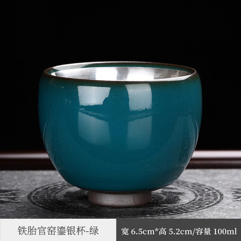 Enameled Cast Iron Official Kiln Silver Gilded Kung Fu Tea Cup Silver Plated Master Cup Handmade Porcelain Tea Tasting Cup Sil