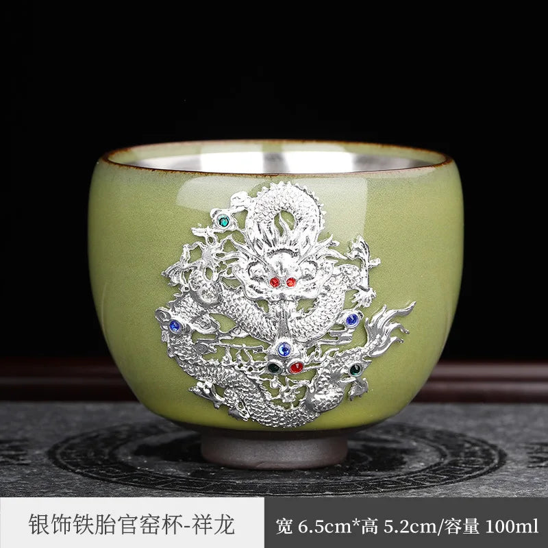Enameled Cast Iron Official Kiln Silver Gilded Kung Fu Tea Cup Silver Plated Master Cup Handmade Porcelain Tea Tasting Cup Sil