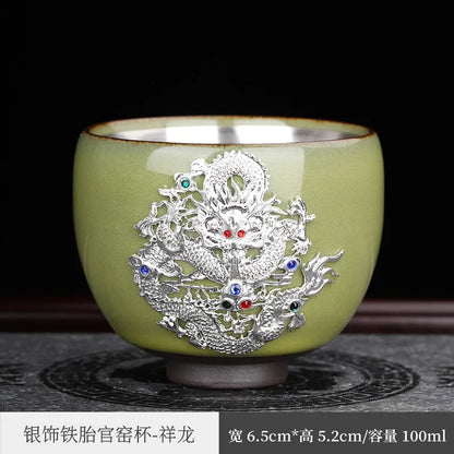 Enameled Cast Iron Official Kiln Silver Gilded Kung Fu Tea Cup Silver Plated Master Cup Handmade Porcelain Tea Tasting Cup Sil