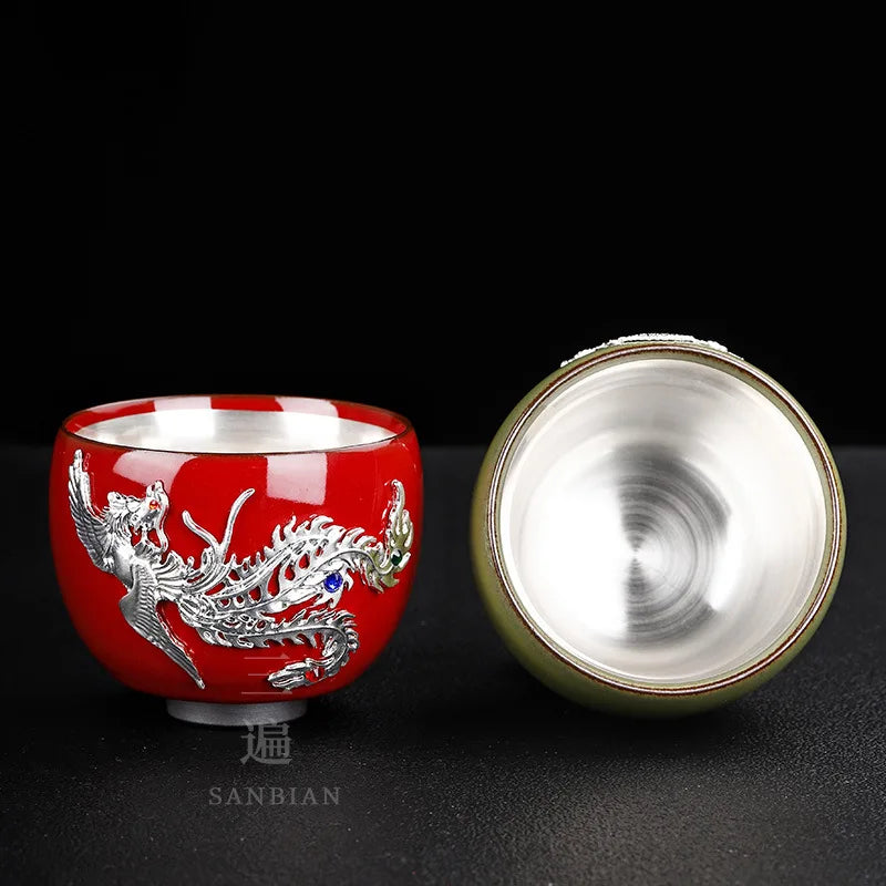 Enameled Cast Iron Official Kiln Silver Gilded Kung Fu Tea Cup Silver Plated Master Cup Handmade Porcelain Tea Tasting Cup Sil