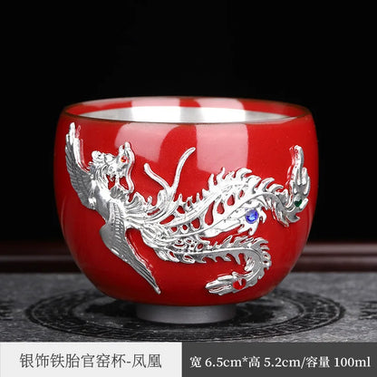 Enameled Cast Iron Official Kiln Silver Gilded Kung Fu Tea Cup Silver Plated Master Cup Handmade Porcelain Tea Tasting Cup Sil